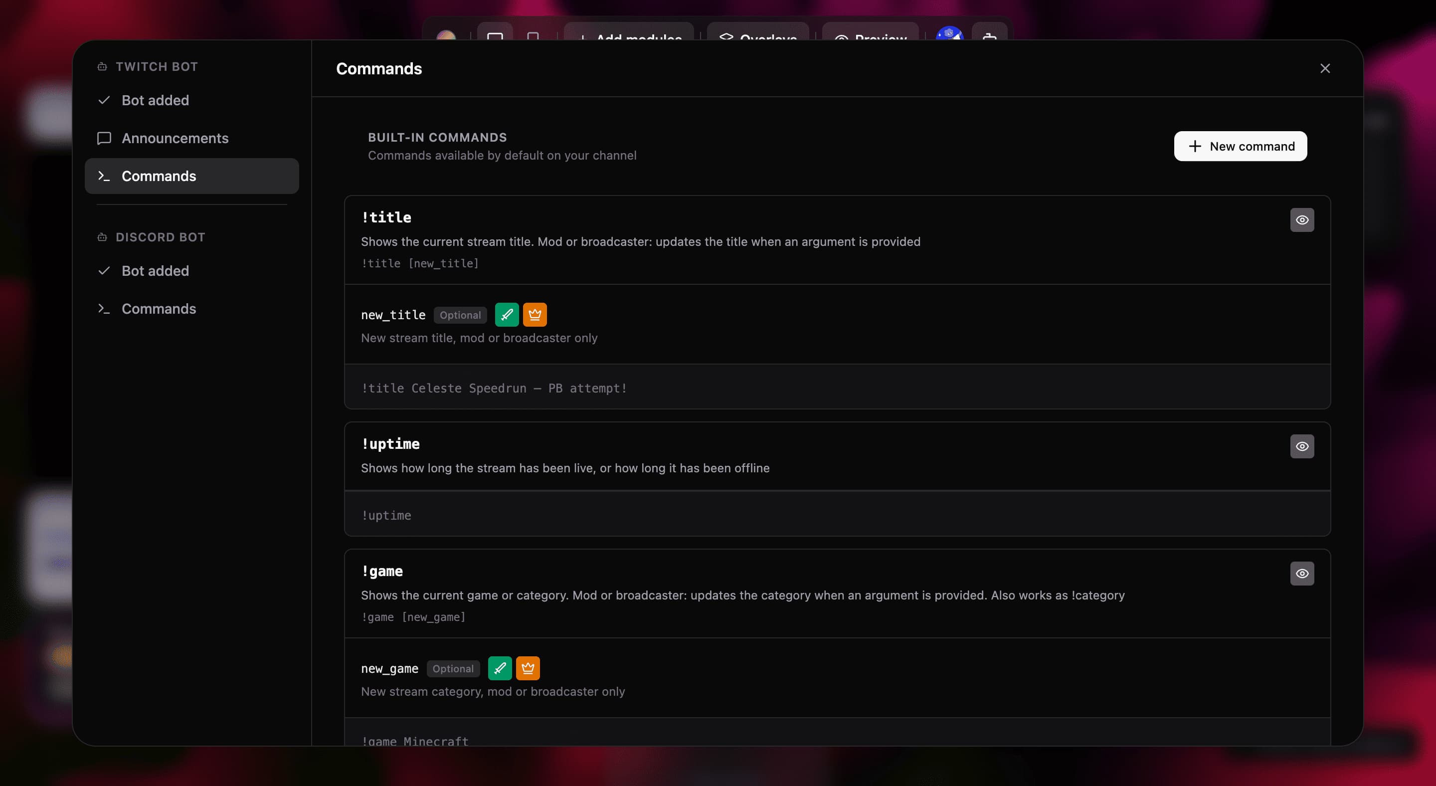 Twitch agent command configuration