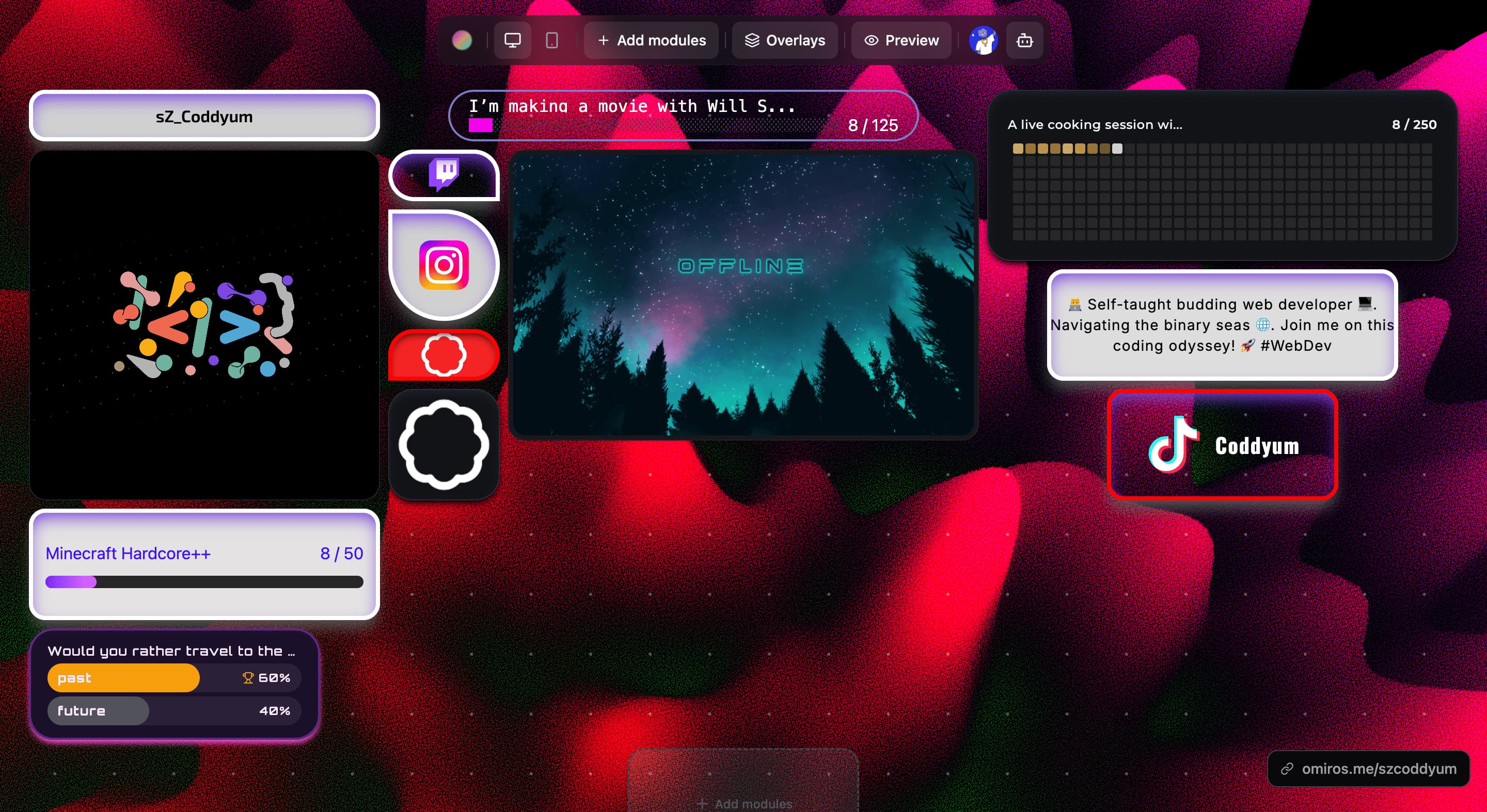 Omiros dashboard, bento being edited
