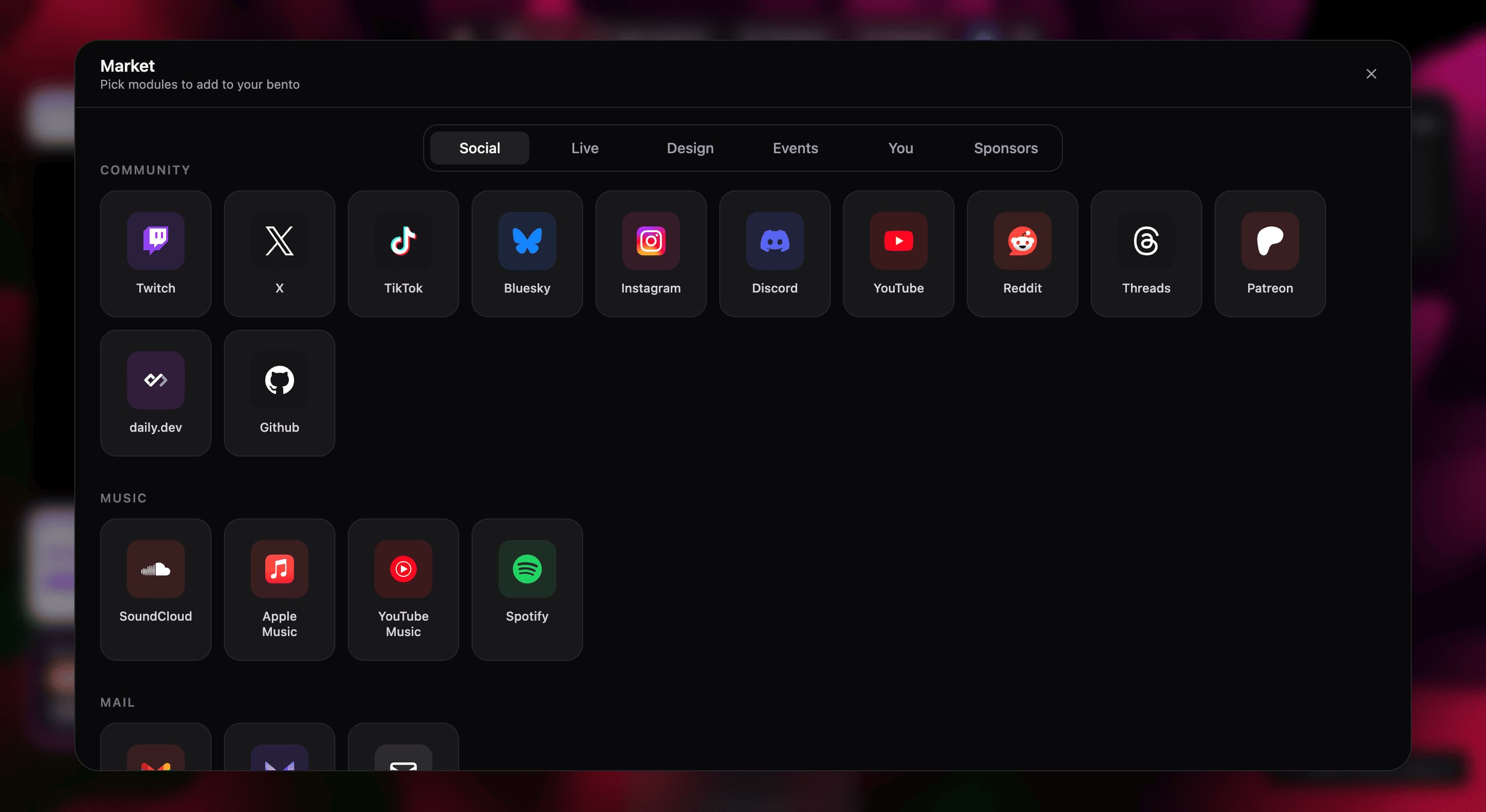 Catalog of modules to add to the bento