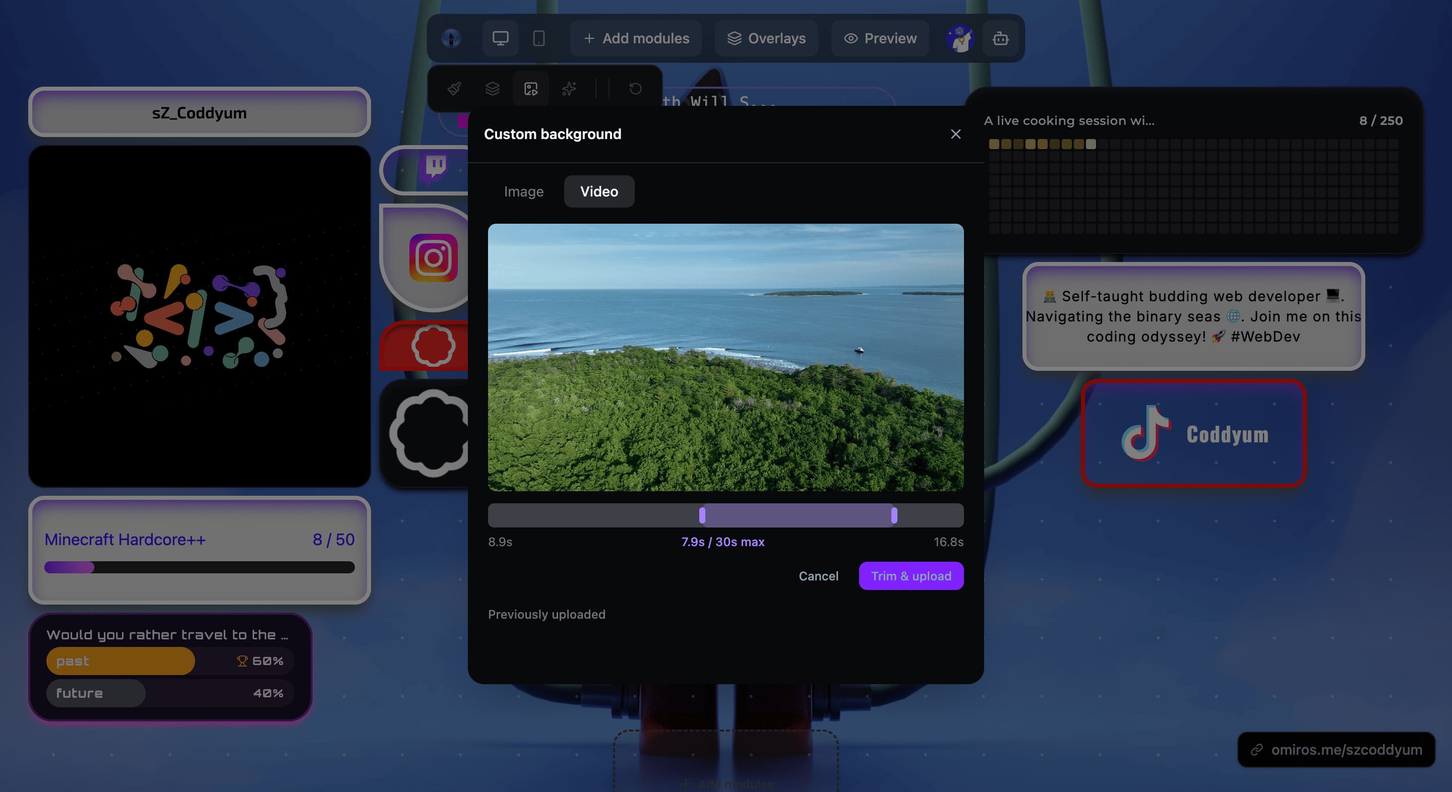 Video background editor of a bento page